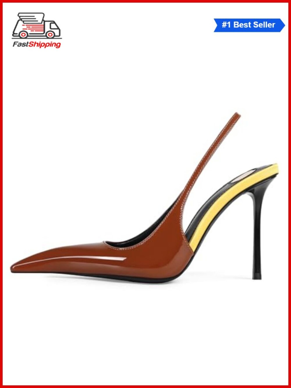 Slingback Heels Pointed Close Toe Two Tone Stiletto Patent Leather Elastic